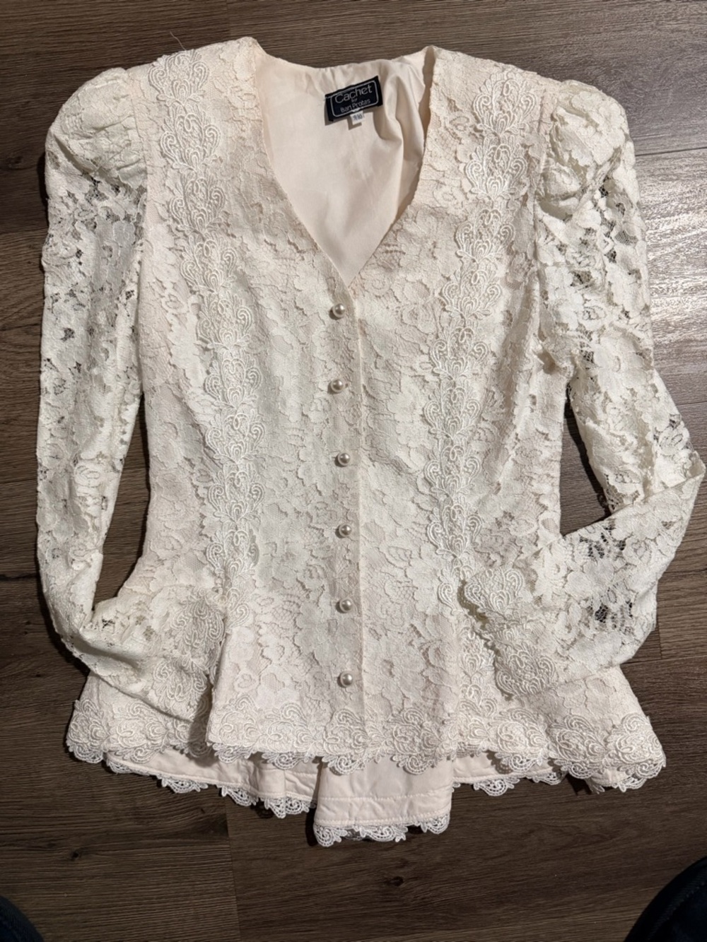 Vintage Cachet Bari Protas White Lace Pearl Button Blouse 9/10 lace